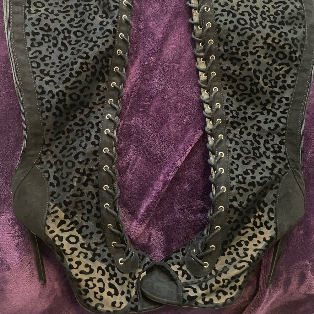 Animal print thigh high peep toe boots gently worn